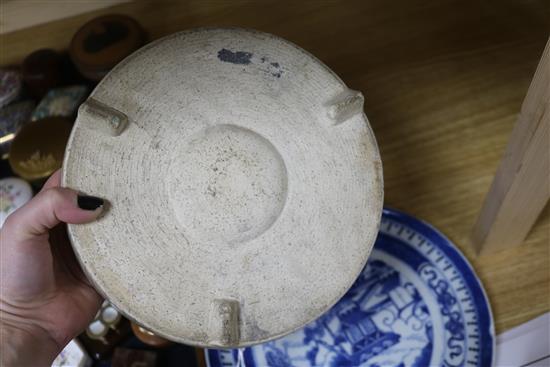 A Chinese crackleglaze censer, two famille rose saucers and a blue and white dish largest diameter 24cm
